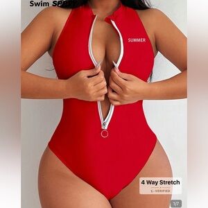 SHEIN Red Zip-Front One Piece Swimsuit